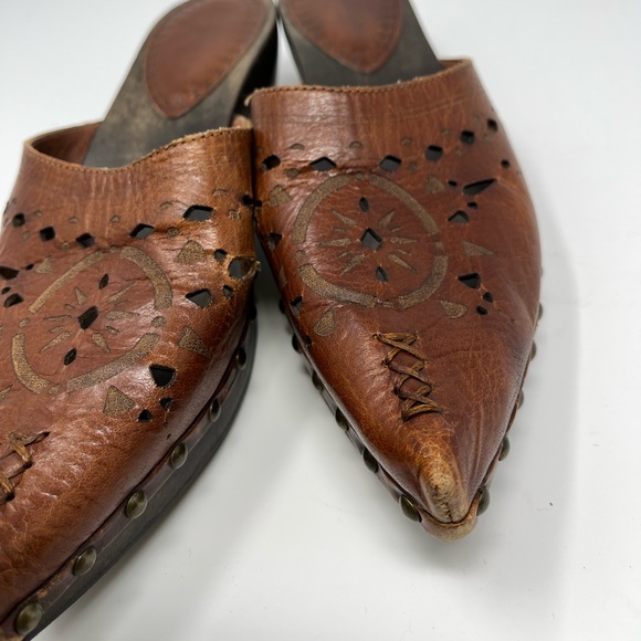 Matisse Mules carved wood block heel womens 8 brown leather shoes - Picture 2 of 12